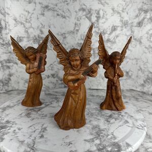 Vintage Hand Carved Olive Wood Angels with Instruments Set of 3 Nativity 9"